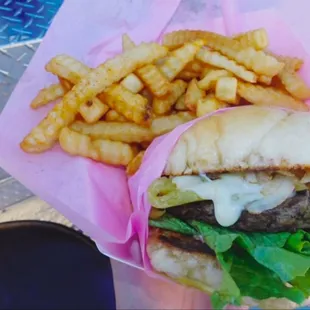 Green chili burger with french fries