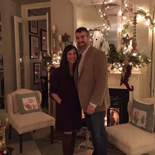 Beautiful wife and I in front of the awesome fireplace.