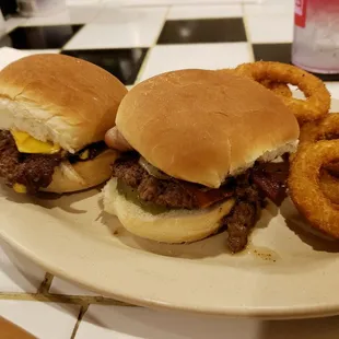 Double bacon cheeseburgers and onion rings