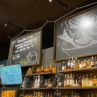 a chalkboard and shelves of alcohol