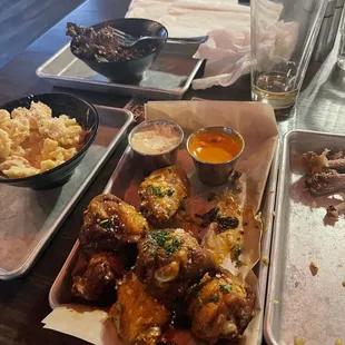 9 Bone-In Wings, Brussels Sprots, Mac and Cheese