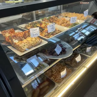 a display case full of food