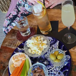  plate of food and drinks