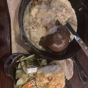 Skillet chicken with mashed potatoes and ribbon veggies and cheddar jalapeño biscuit