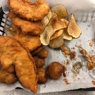 Chicken Strips, Chips, Fried Mushrooms