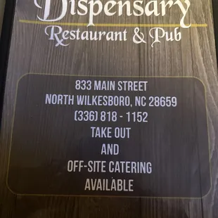 the menu for the restaurant and pub