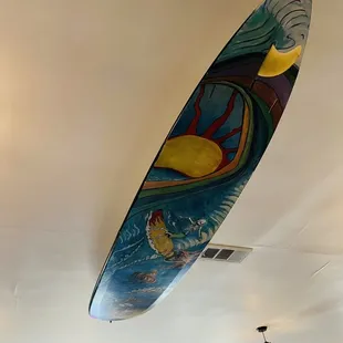a surfboard hanging from the ceiling