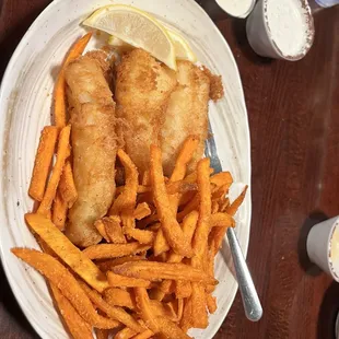 Fish &amp; Chips with sweet potato fries (with homemade ranch dressing + tartar sauce). The batter was nice and crispy (not soggy at all!).