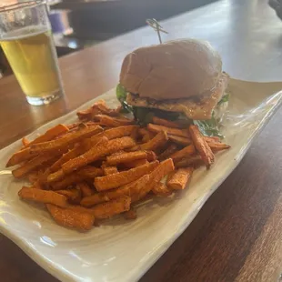 Salmon sandwich and sweet potato fries - fries were incredible. Husband said the sandwich was good but wouldn't order again