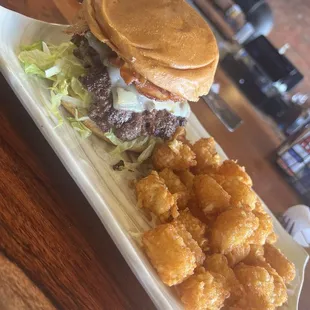 Cheeseburger with bacon and tots - tots were good but were pretty greasy. Burger was delicious