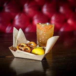 a tray of food and a drink