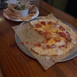 Pepperoni flat bread and spinach dip