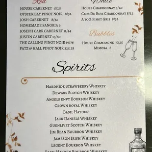 a menu for wine and spirits