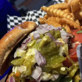 Green chile cheeseburger with fries