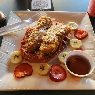 Chicken and red velvet waffle