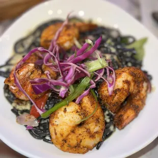 Squid ink pasta with shrimp