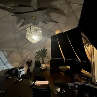 a living room with a ceiling fan