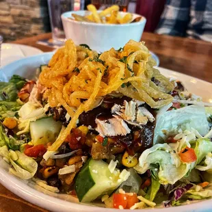 BBQ Chicken Chop Salad  Seasoned Fries Sriracha aioli