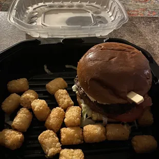 Bottle Cap burger with tator tots