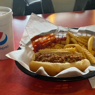 Yummy chili slaw dog with fries