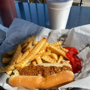 a chili dog and french fries