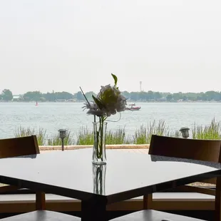 a view of the water from a restaurant