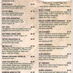 a menu for appetizers and sandwiches