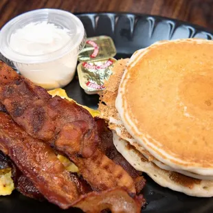 Pancakes with bacon and eggs