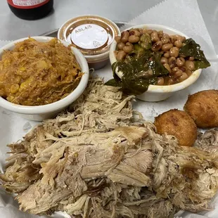 Pork plate, with bbq hash and black eyed peas with collard greens