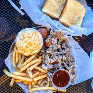 Pulled pork platter ($13), comes with 2 sides, 2 hush puppies and bbq sauce of your choice