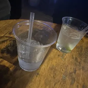 a glass of water and a glass of lemonade