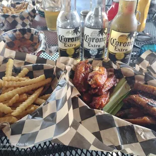 Grilled wings and fries- Bourbon Siracha and Hot BBQ - all flats Corona lineup 07/18/2021