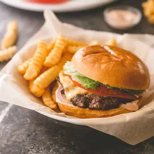 a cheeseburger and fries