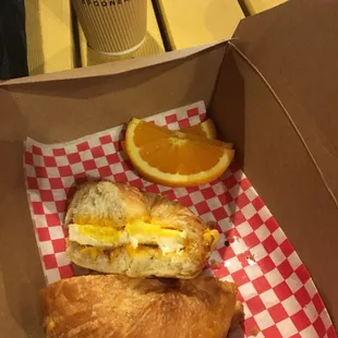 Deliciously flaky egg and cheese croissant breakfast sandwich