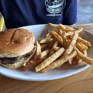 Black and blue burger with fries. Very dry burger.