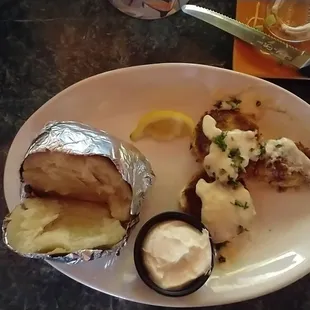 Three crab cakes that were about the size of a silver dollar coin.