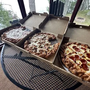 Homemade pizza - cheese, sausage &amp; veggie, pepperoni, pepperoni &amp; sausage