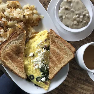 Greek omelette Breakfast potatoes  Sausage gravy.  This may be the best gravy I&apos;ve ever had.  Good size chunks of sausage.
