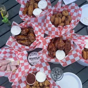 Mini donuts, gochuchung wings, bourbon wings, maple bourbon wings, cheese curds, mac n cheese bites, pickle rolls.
