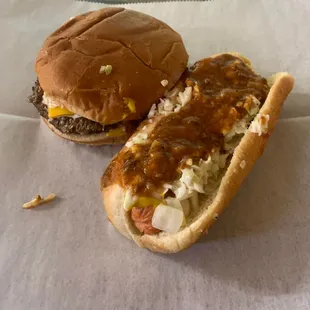 a hamburger and a hot dog