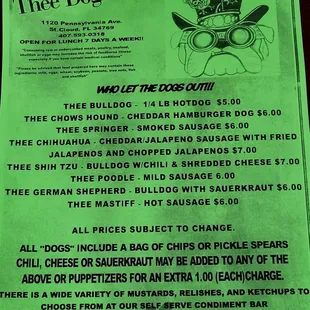 the menu for the doghouse