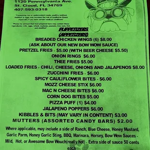the menu for the doghouse