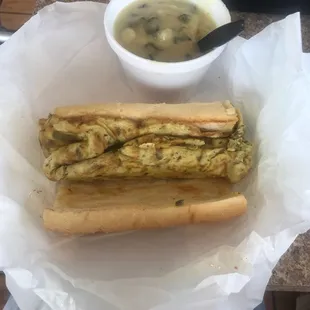 Pepper and egg sandwich and cream of spinach soup