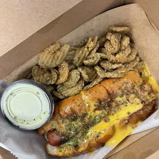 Chili cheese dog, fried pickles, jalapeño ranch dip