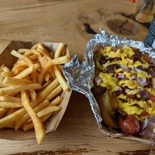Bacon cheddar dog and french fries