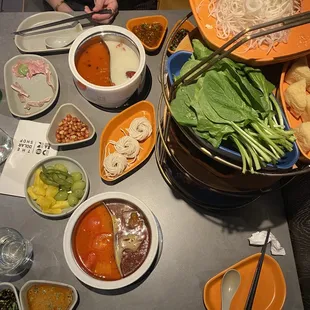 Potato, spinach, Soft Tofu, Hand Crafted Noodles, Szechuan Hot &amp; Spicy Broth, The Dolar Shop Spare Rib Broth, Tomato &amp; Oxtail Broth
