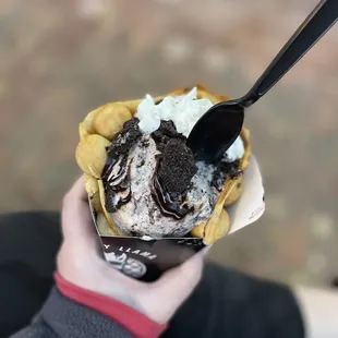 Cookies and Cream Ice Cream on a Bubble Waffle w/ Dark Chocolate Sauce and crushed Oreos!! Soo good!