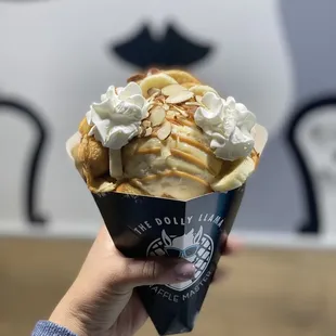 a hand holding a cone of ice cream