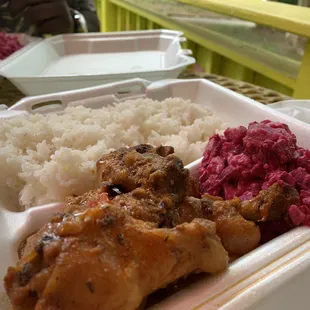 Chicken guisado with rice and ensalada rusa