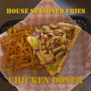 a basket of fries and a sandwich